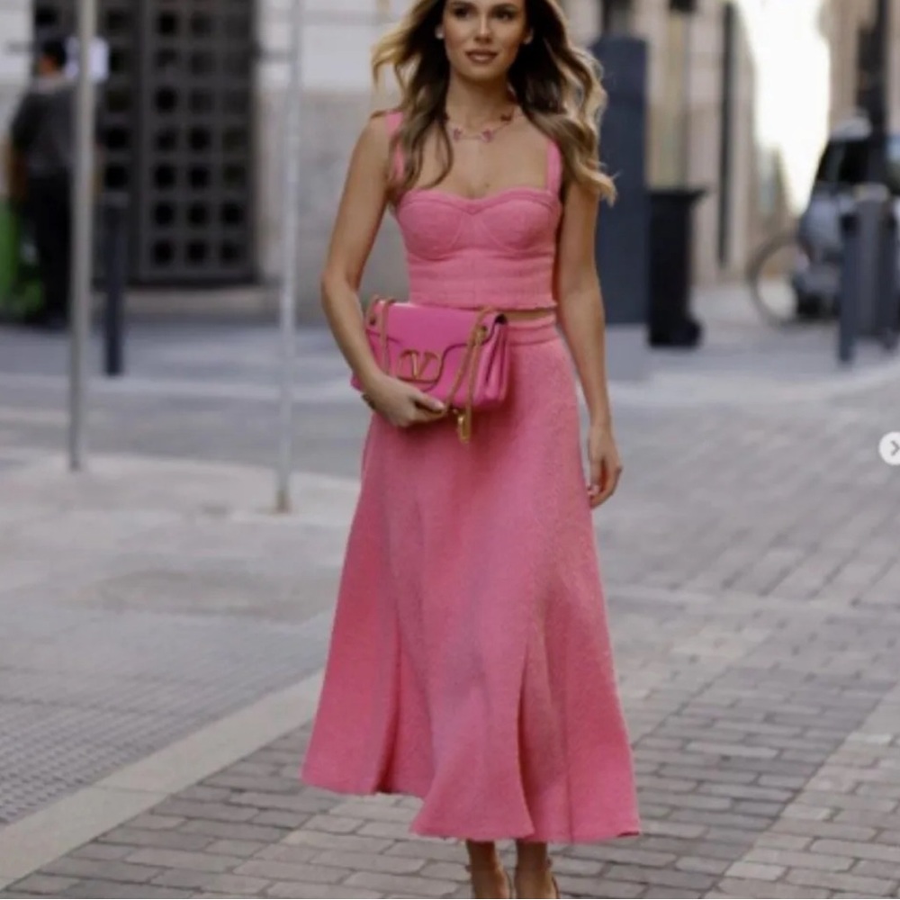 NWT ZARA Women Textured Tweed Flared‎ Hem Candy Pink Long Skirt 2929/469 Size XL